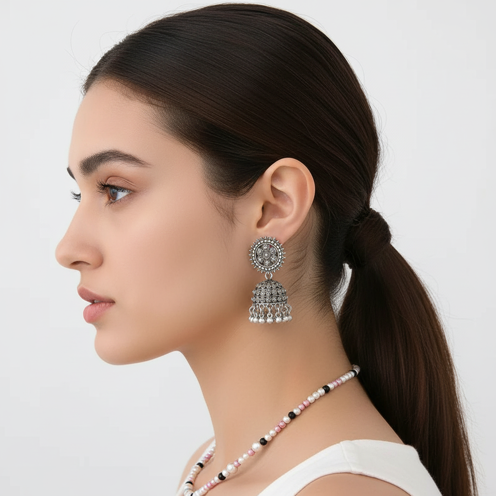 Tribal Silver Oxidised Jhumka