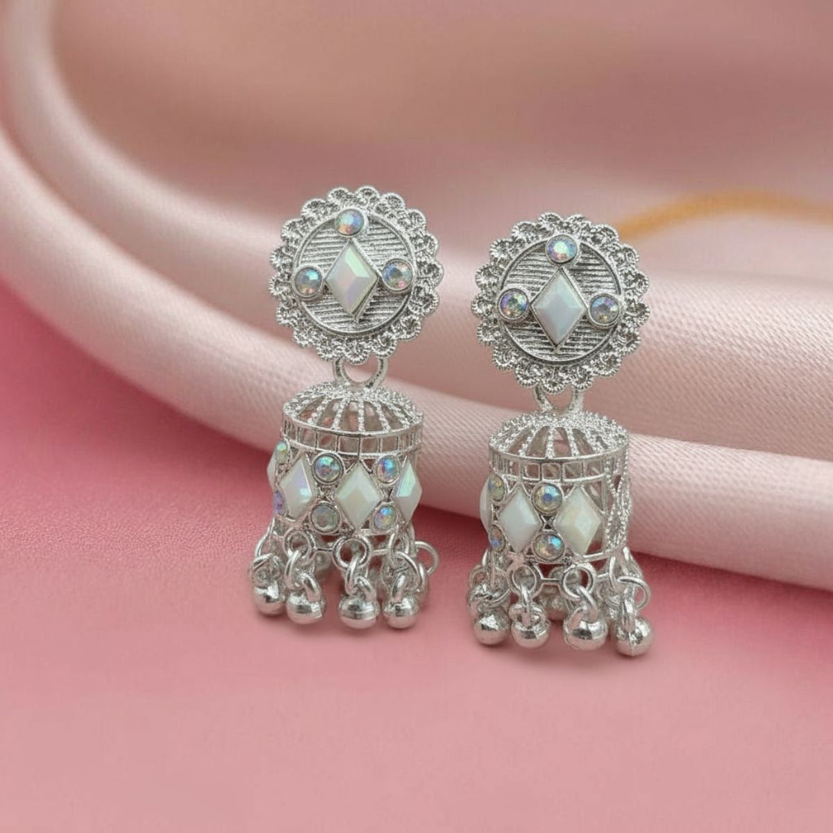Diamond Glow Silver Jhumka