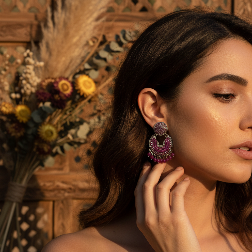 pink pearls chandbali jhumka earrings