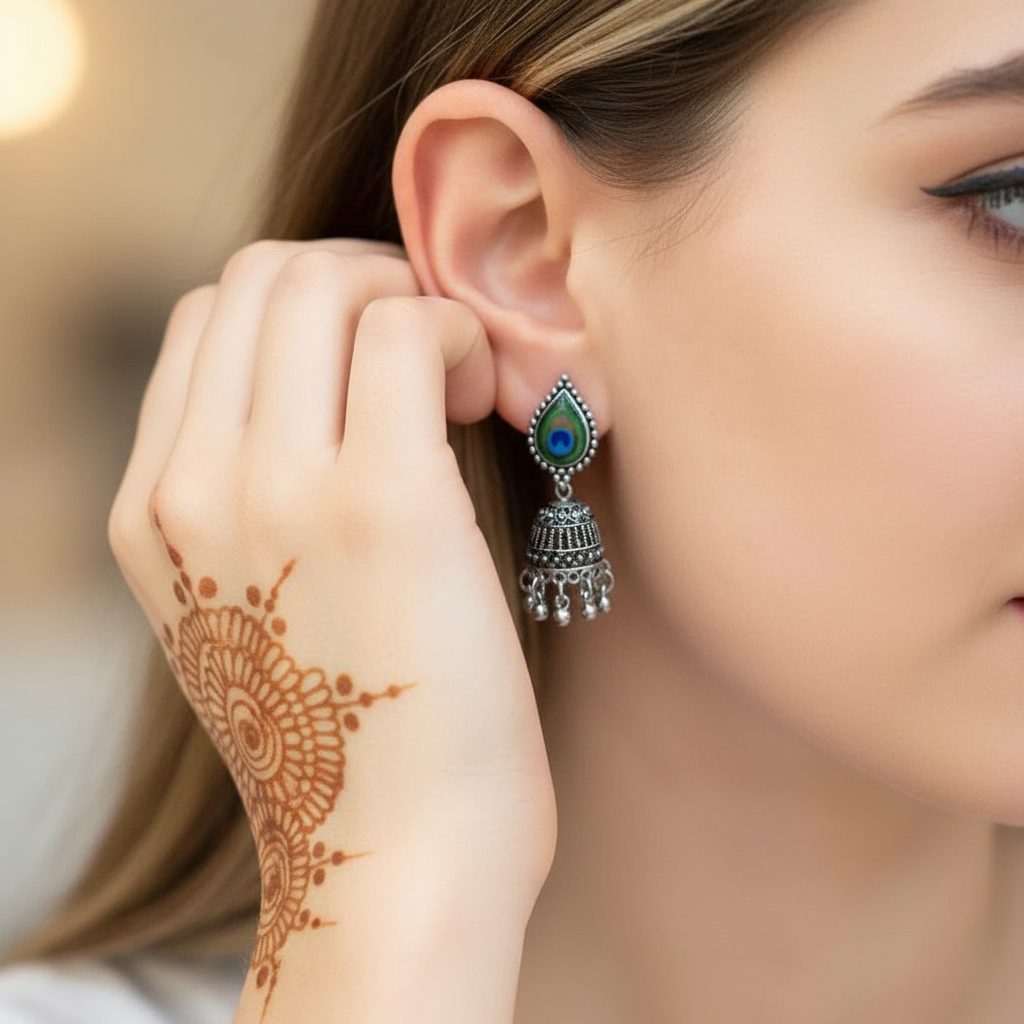 Peacock Feather Oxidised Jhumka