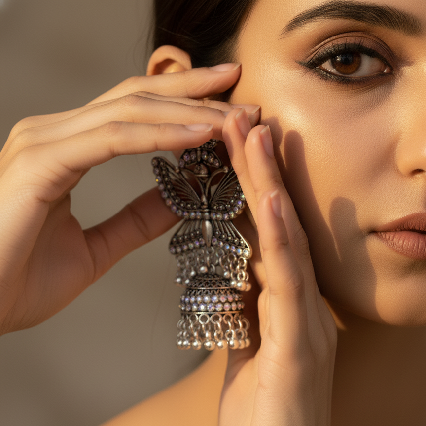 Butterfly Charm Oxidised Jhumka