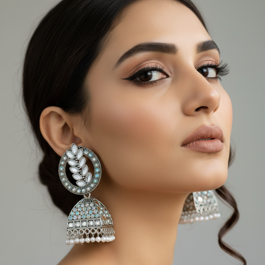 Glittering Leaf Oxidised Jhumka