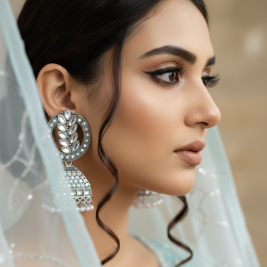 Glittering Leaf Oxidised Jhumka