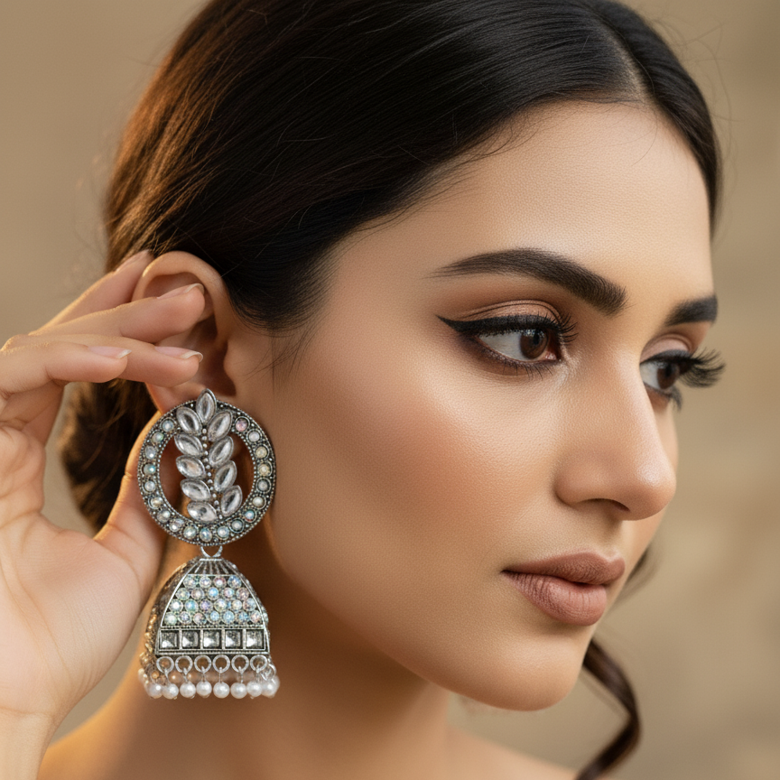 Glittering Leaf Oxidised Jhumka