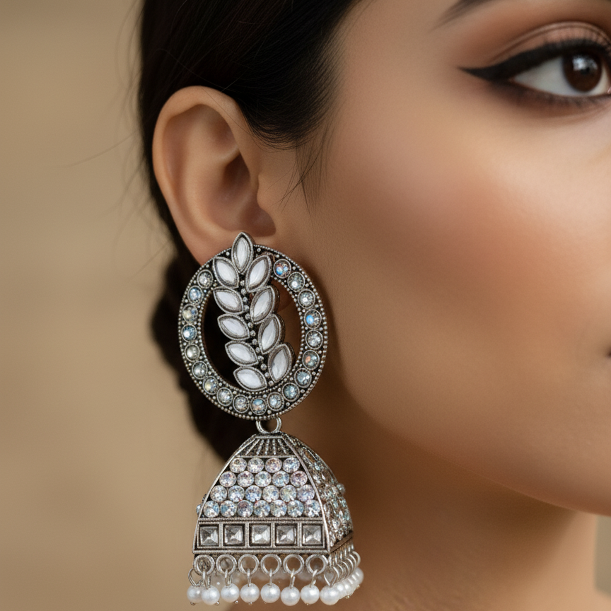 Glittering Leaf Oxidised Jhumka