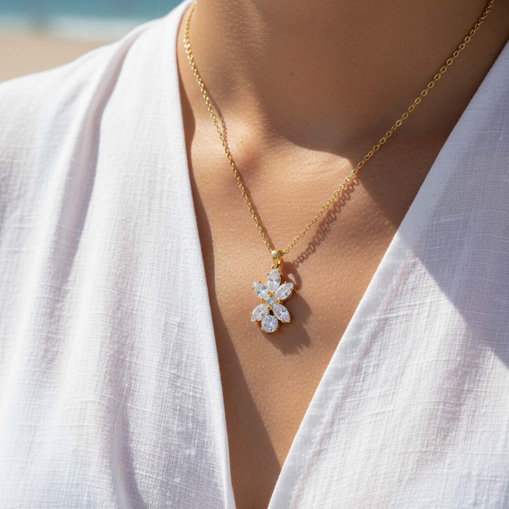 floral pendant featuring cubic zirconia stones