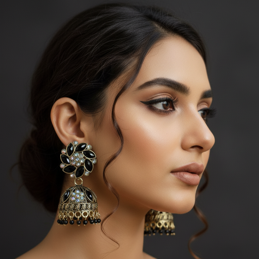 black and gold-toned with crystal stones and beads