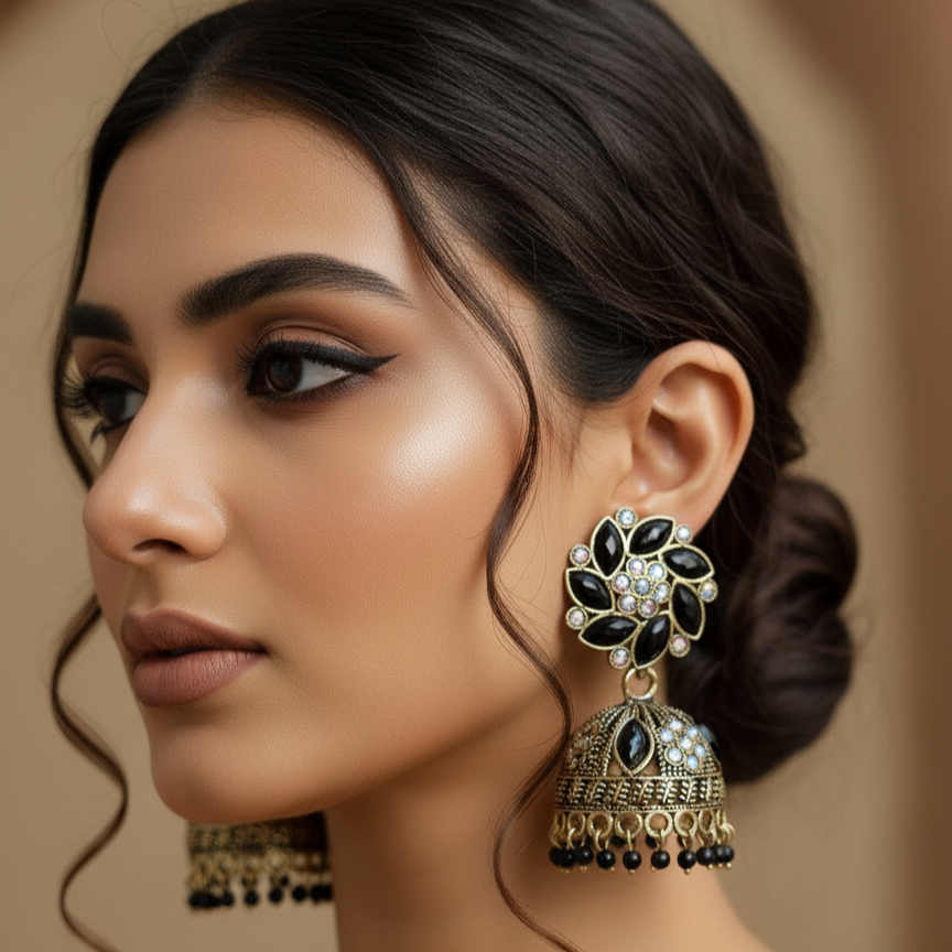 black and gold-toned with crystal stones and beads