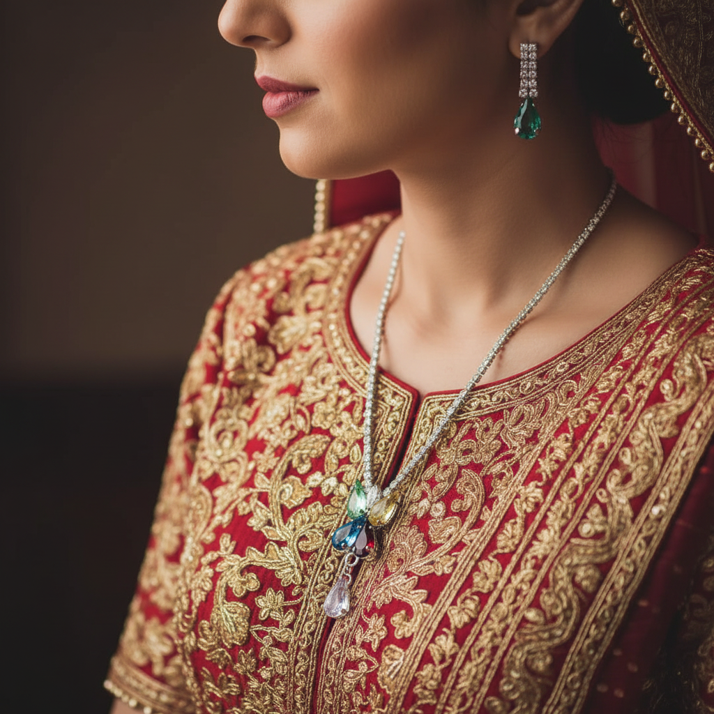 necklace with a multicolored, floral-inspired pendant and a single teardrop-shaped charm.