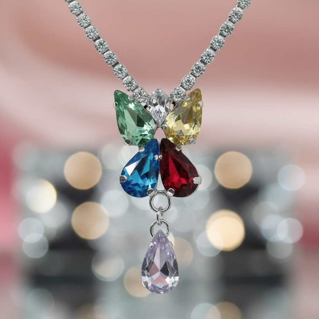 necklace with a multicolored, floral-inspired pendant and a single teardrop-shaped charm.
