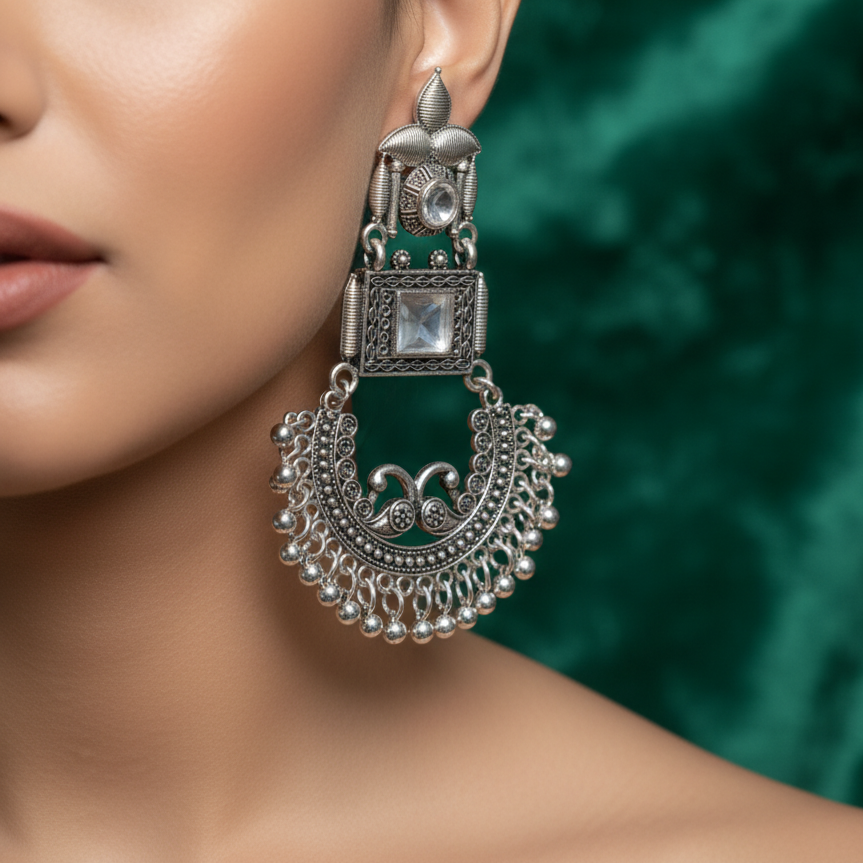 Women's Traditional Silver Oxidized Jhumka Earring...