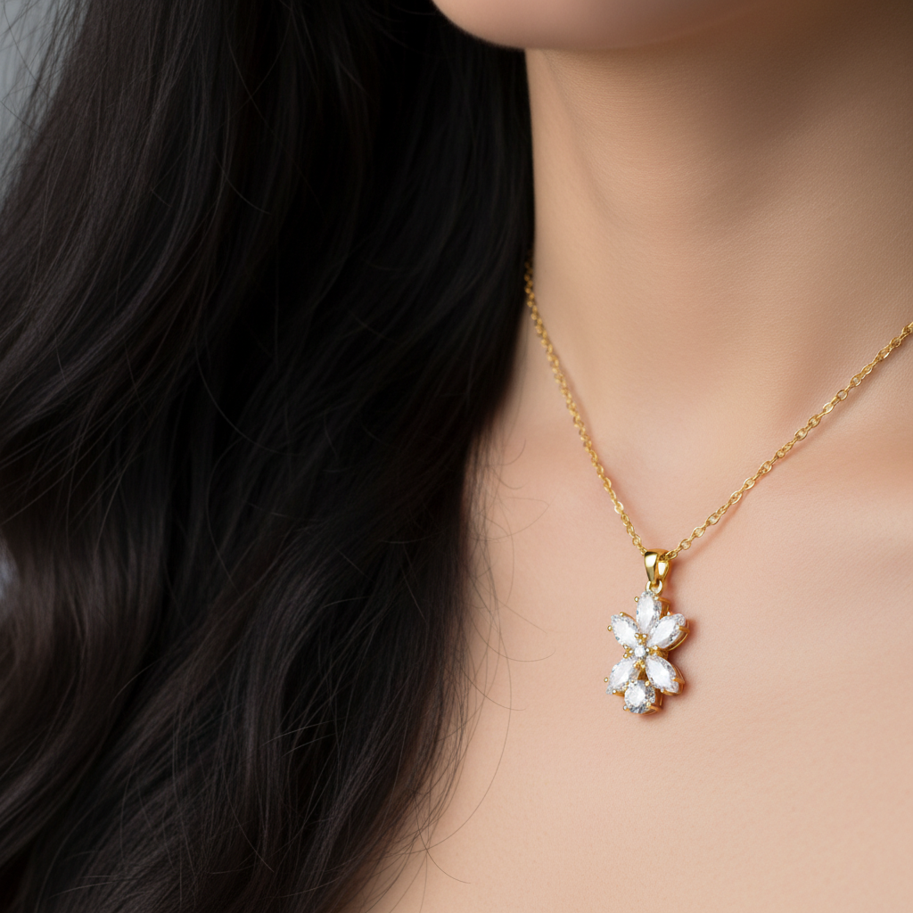 floral pendant featuring cubic zirconia stones