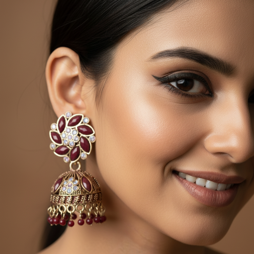 Ruby Blossom Antique Jhumka