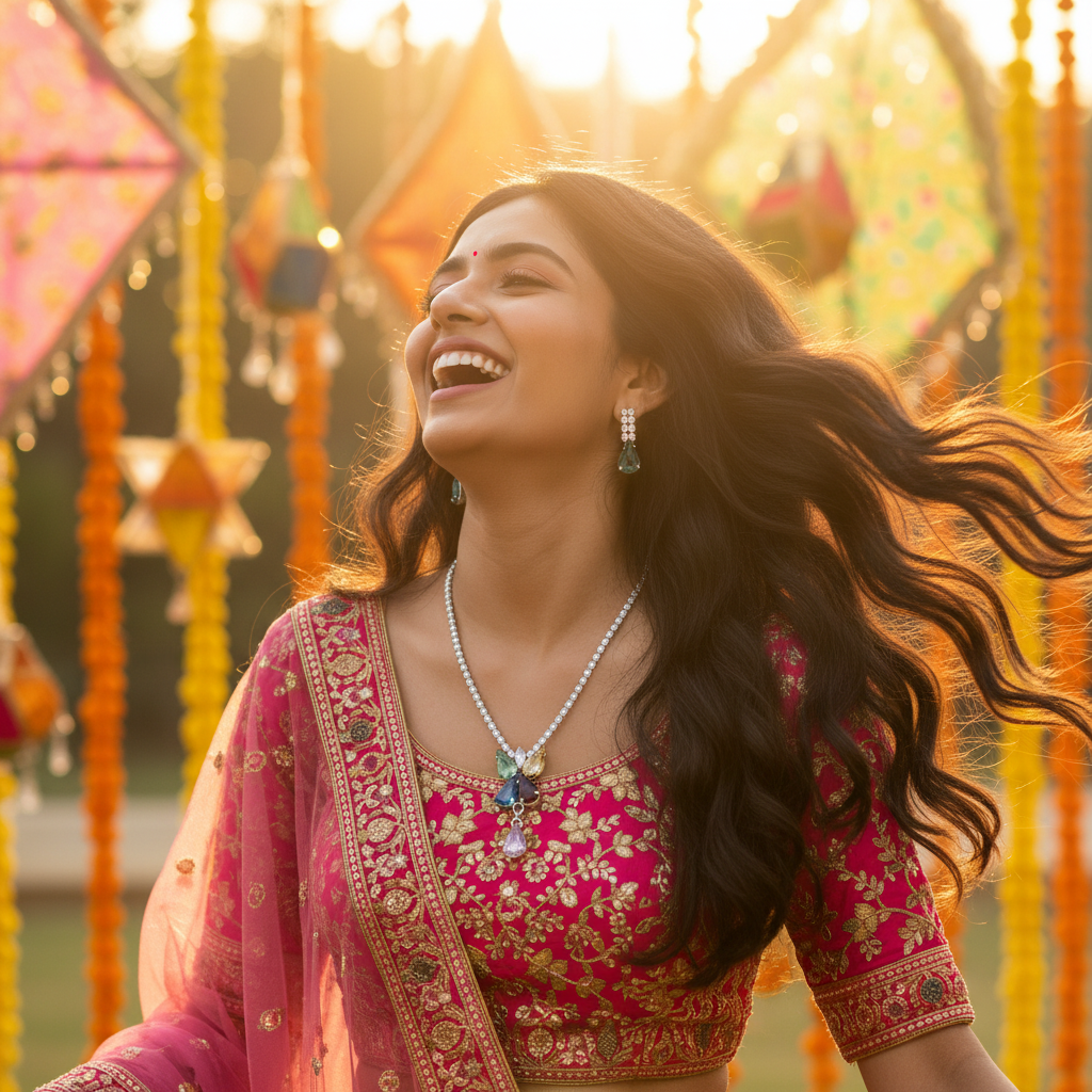 necklace with a multicolored, floral-inspired pendant and a single teardrop-shaped charm.