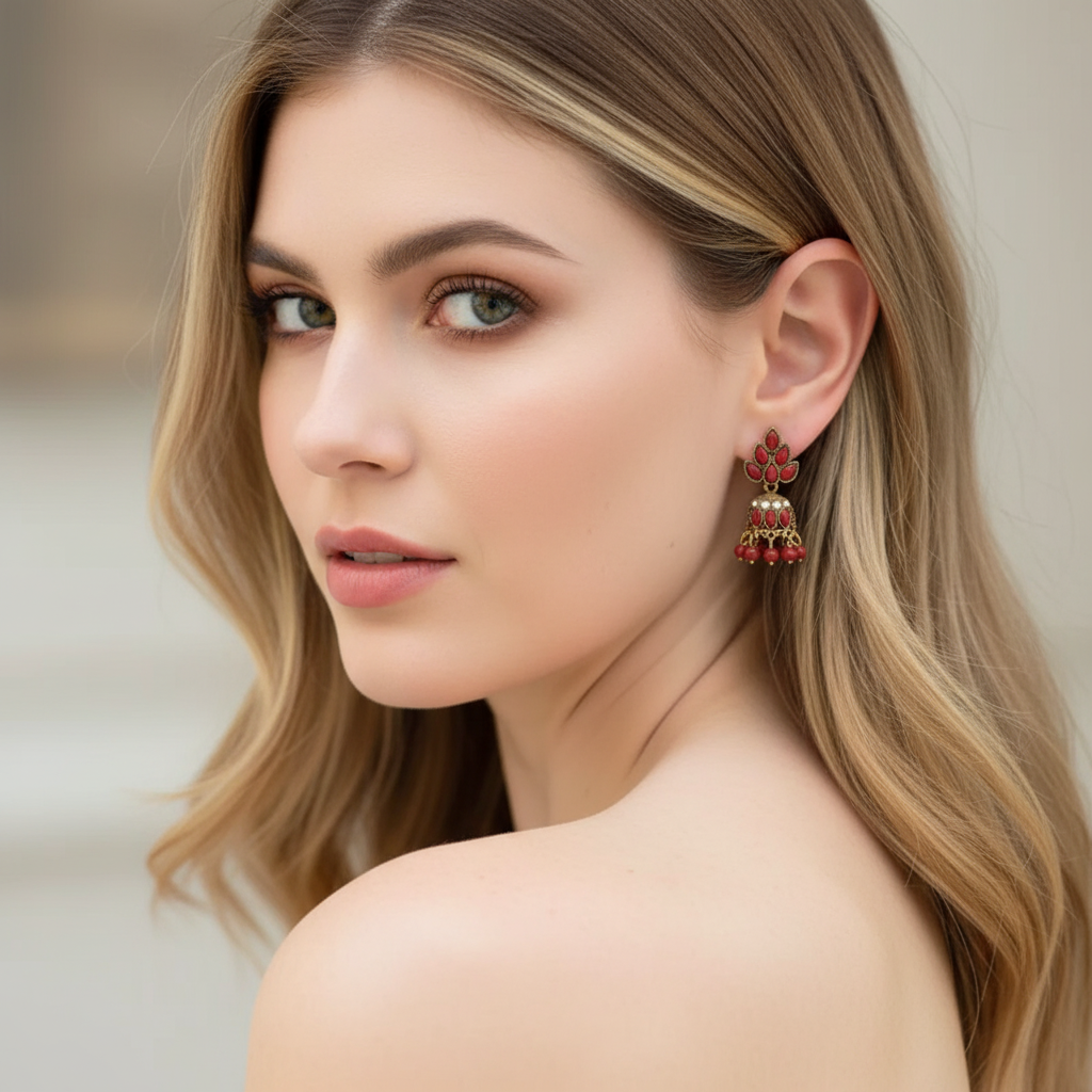 Red Color Stone Leafs Jhumka Golden Oxidised Earrings