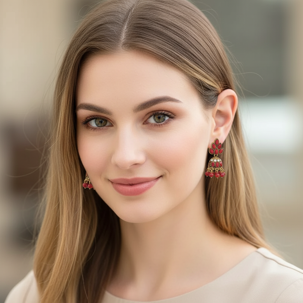Red Color Stone Leafs Jhumka Golden Oxidised Earrings