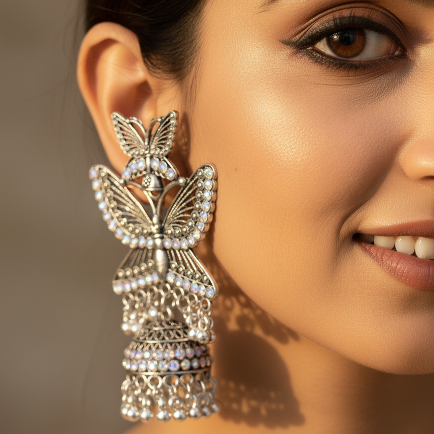 Butterfly Charm Oxidised Jhumka