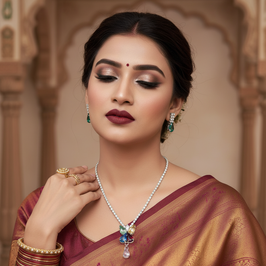 necklace with a multicolored, floral-inspired pendant and a single teardrop-shaped charm.