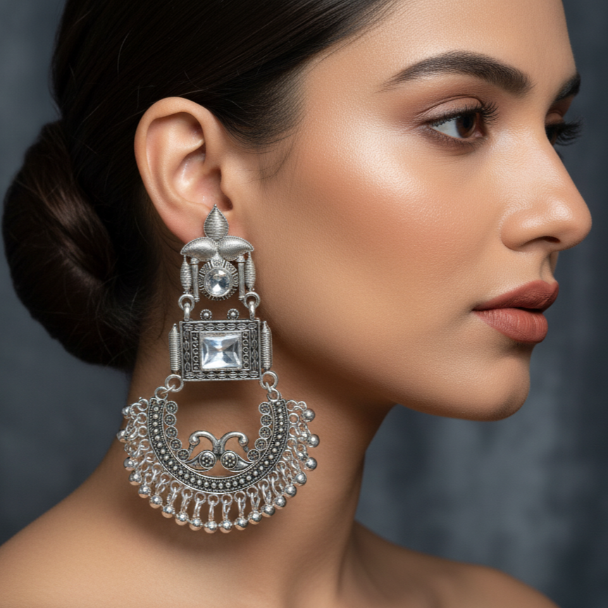 Women's Traditional Silver Oxidized Jhumka Earring...