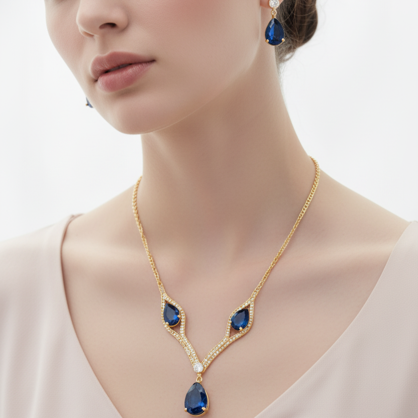 SOHI gold-plated designer stone necklace and earring set.