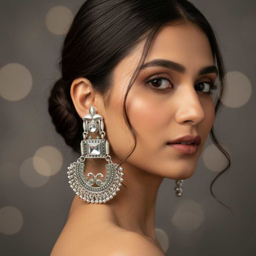 Women's Traditional Silver Oxidized Jhumka Earring...