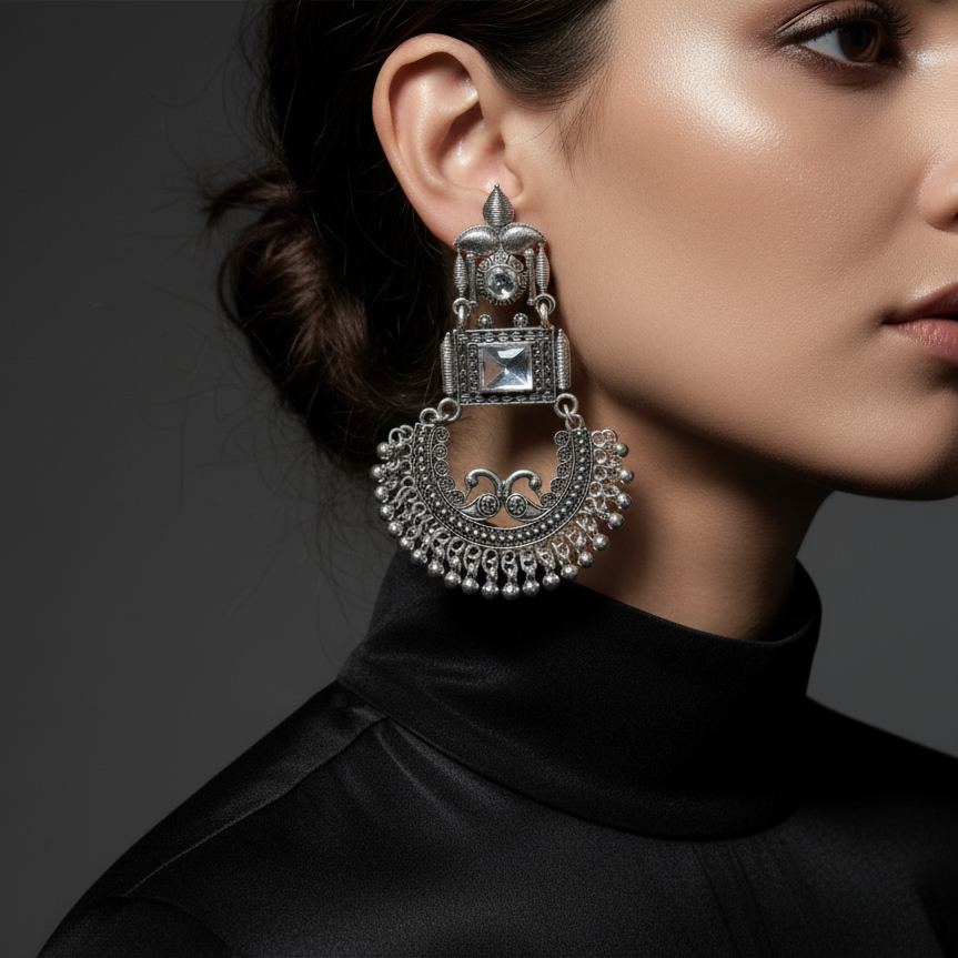 Women's Traditional Silver Oxidized Jhumka Earring...