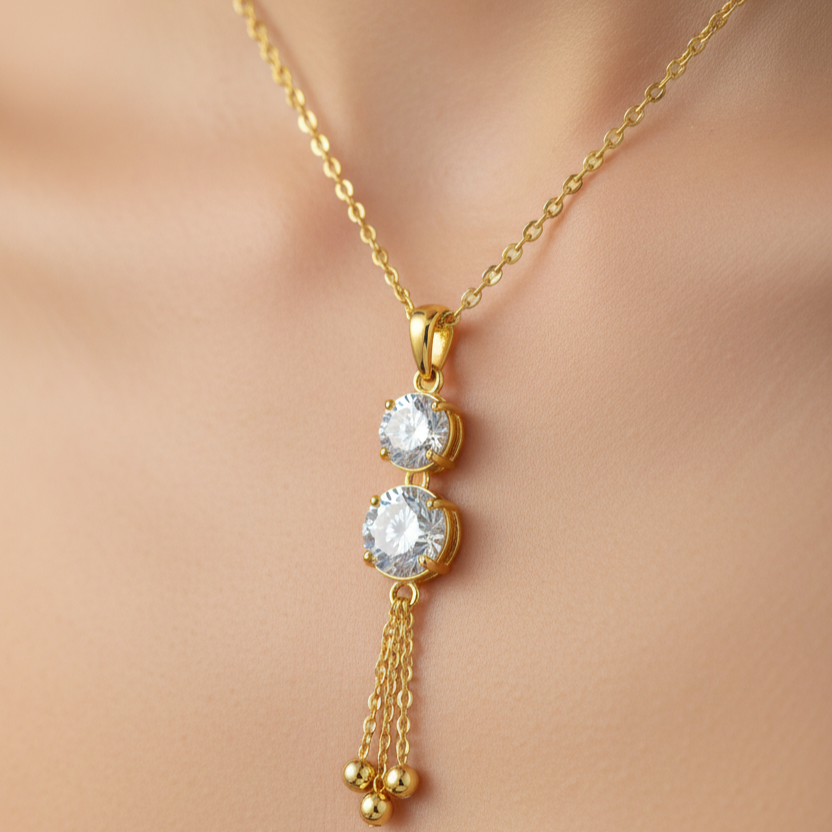 Classic Double Stone Tassel Pendant Necklace