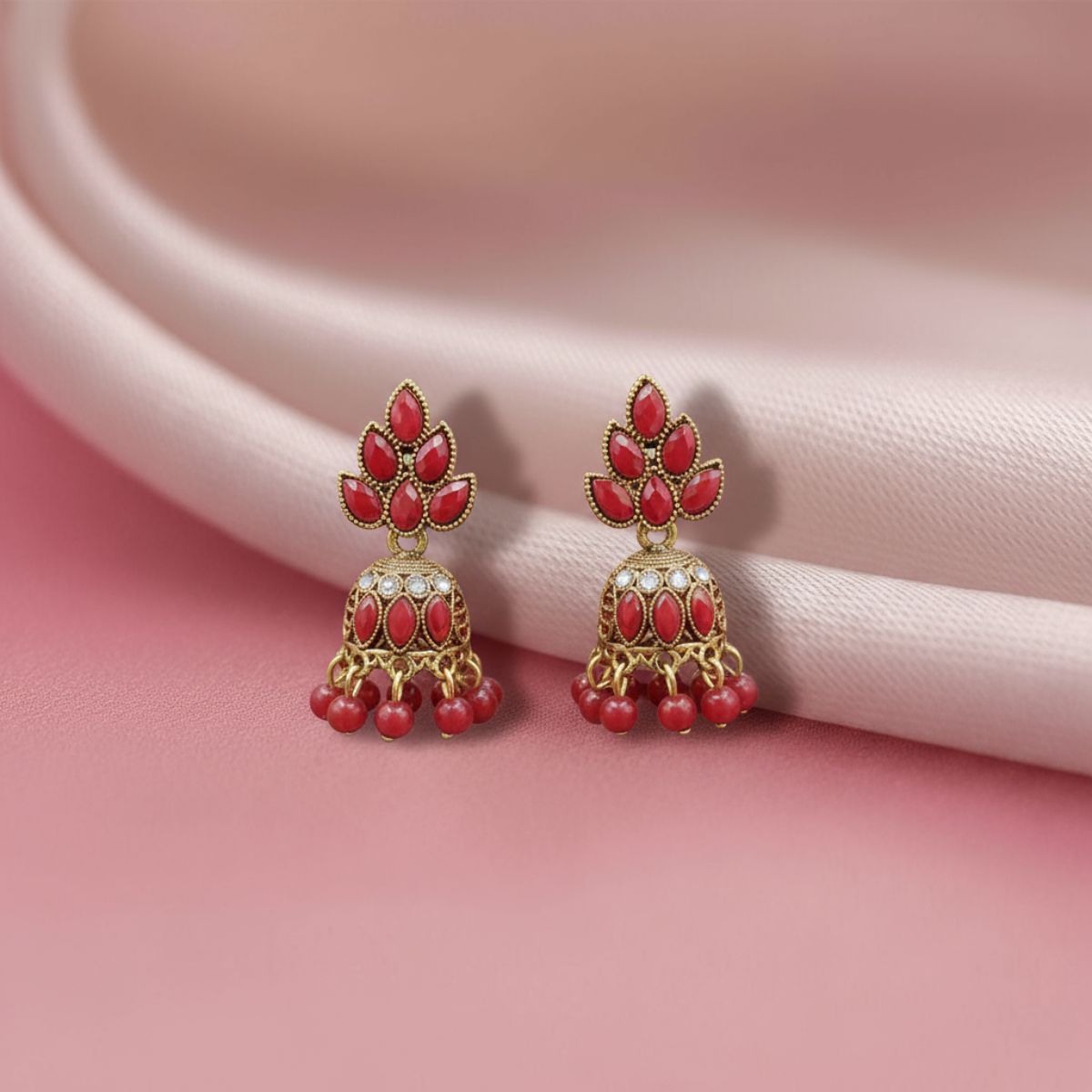 Red Color Stone Leafs Jhumka Golden Oxidised Earrings