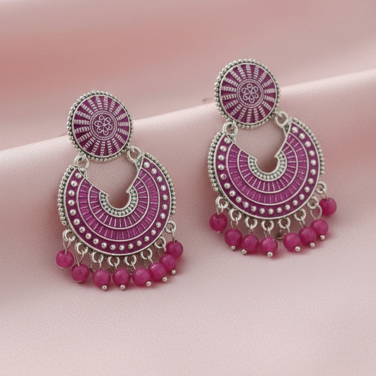 pink pearls chandbali jhumka earrings