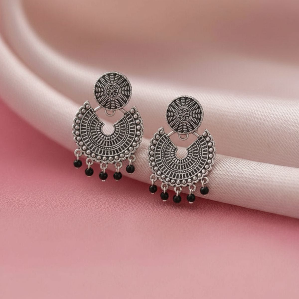 pink pearls chandbali jhumka earrings