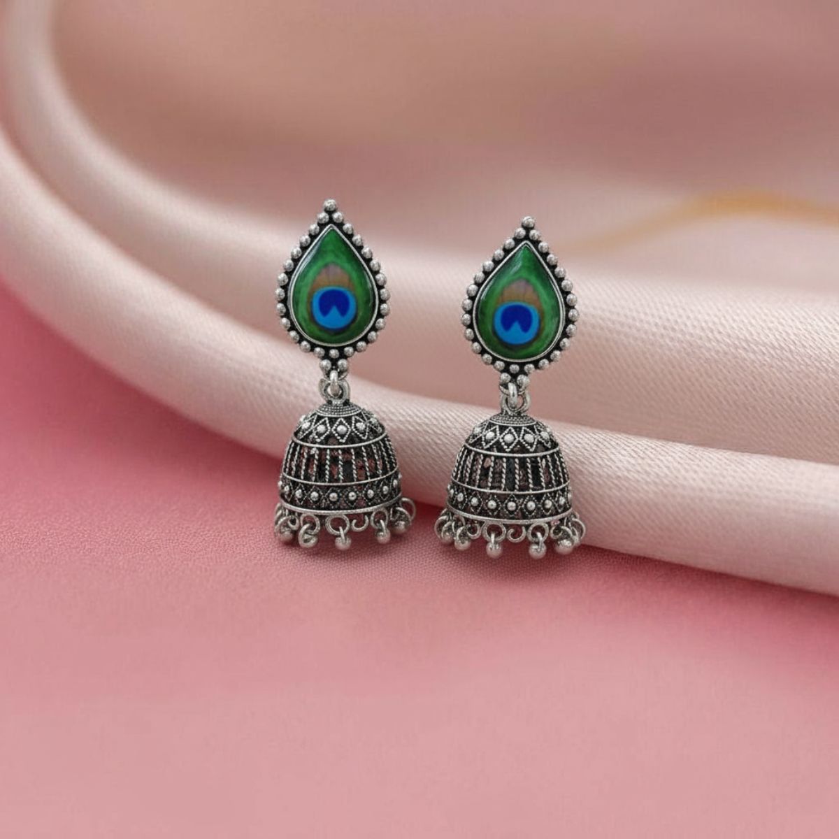 Peacock Feather Oxidised Jhumka