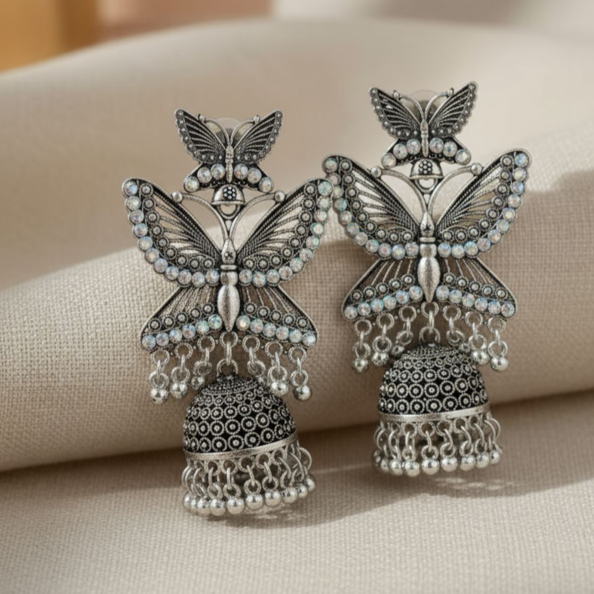 Butterfly Charm Oxidised Jhumka