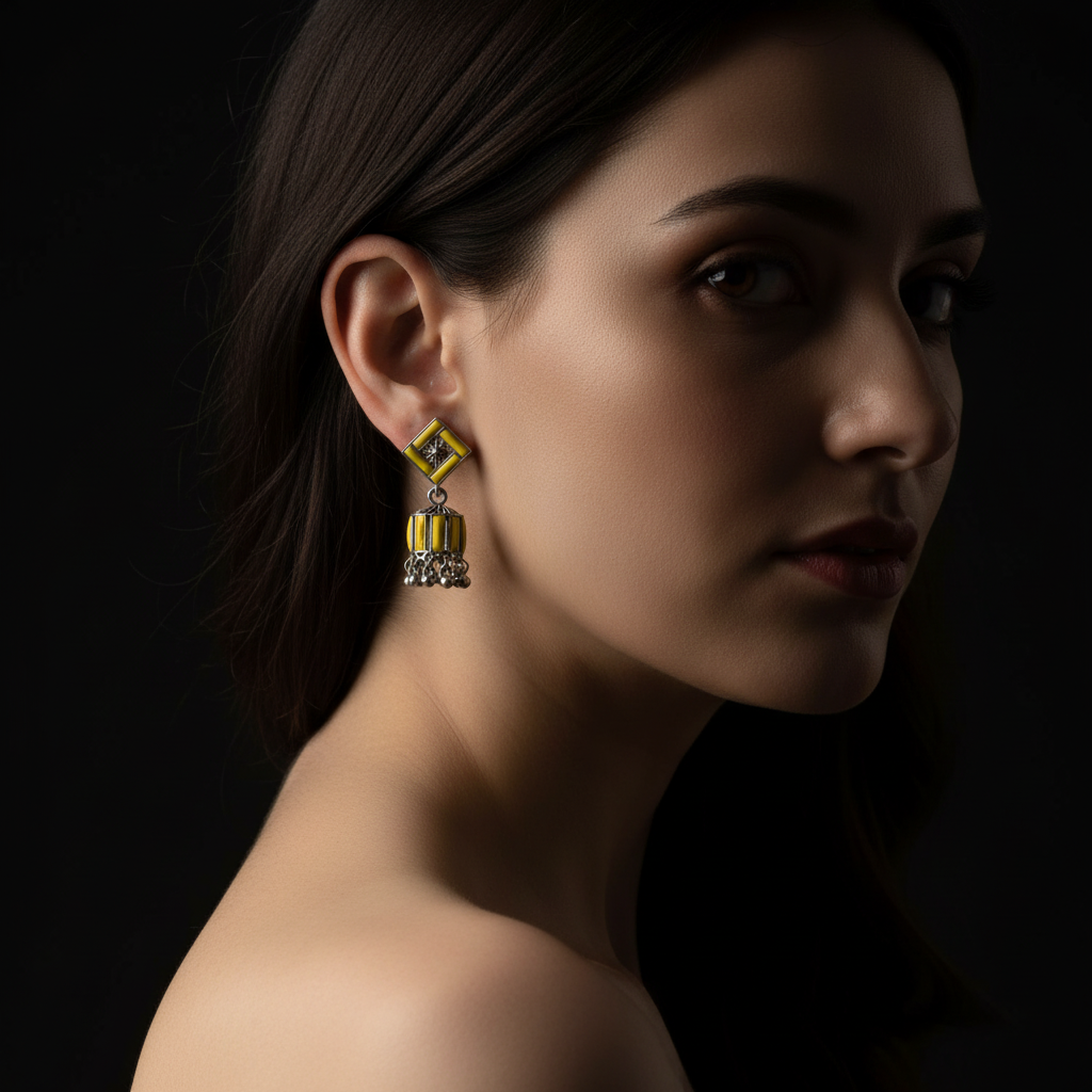 yellow and silver-toned jhumka earrings
