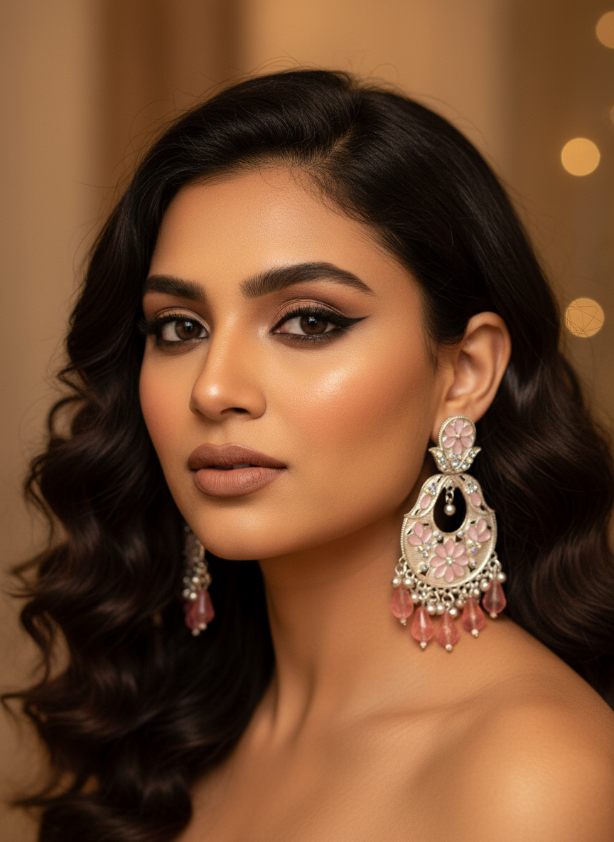 pink Kundan dangler earring