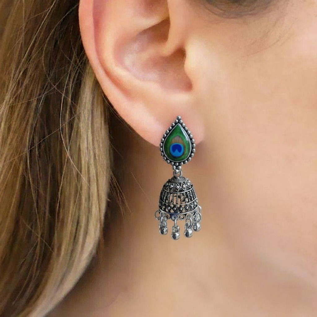 Peacock Feather Oxidised Jhumka