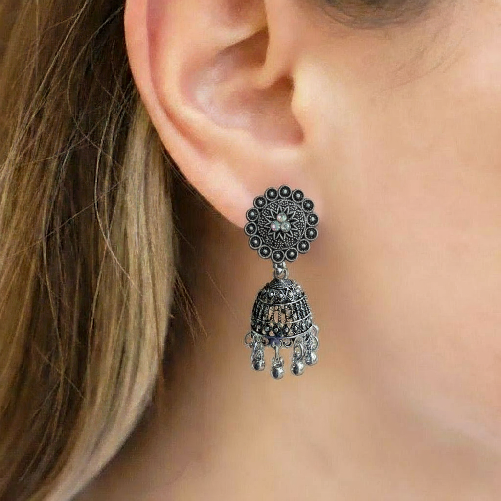 Floral Stud Oxidised Jhumka
